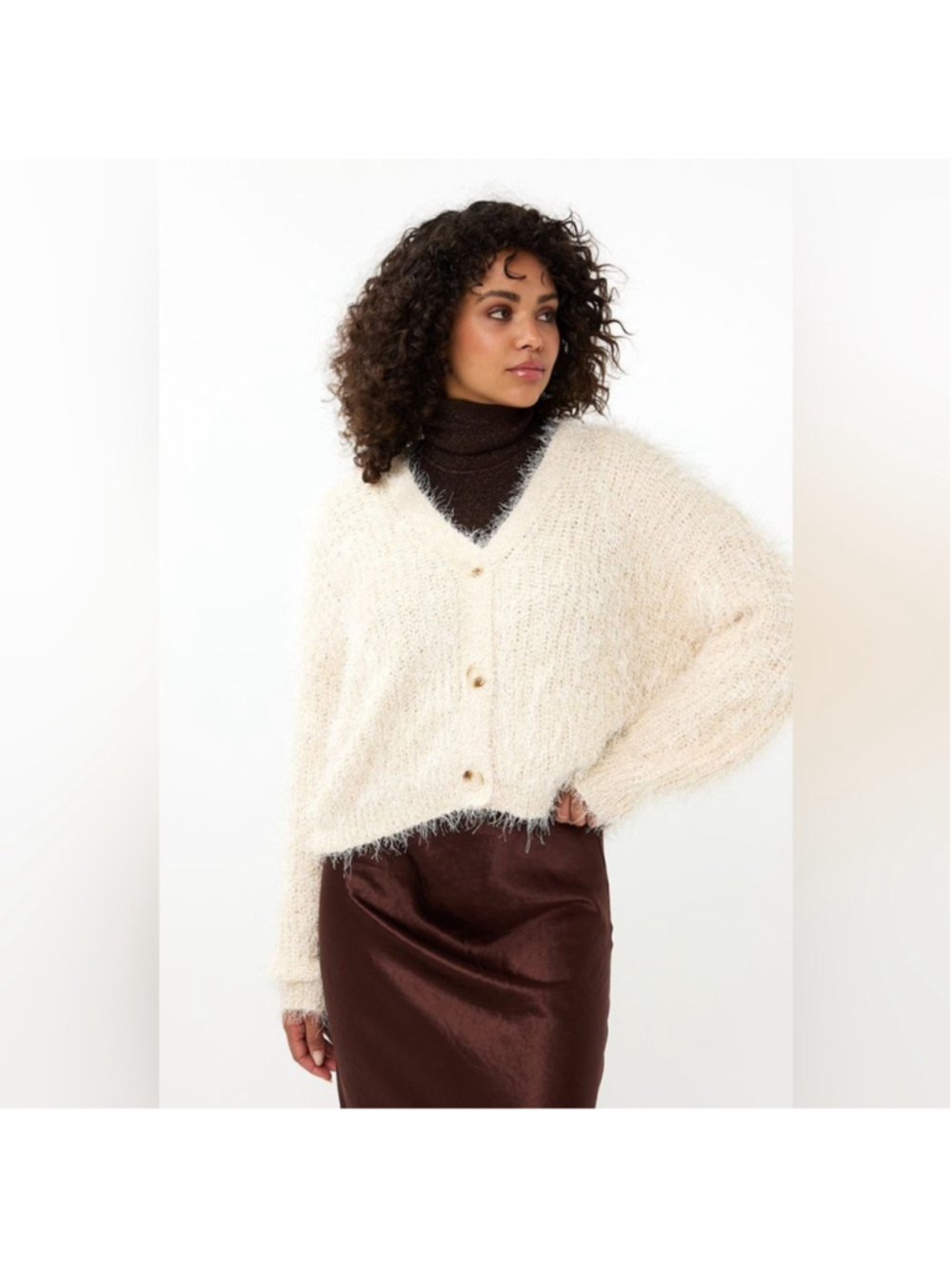 OAK + FORT Cream Popcorn Eyelash Knit Slouchy Cardigan Size S